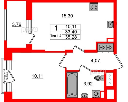 Квартира в ЖК «Сэтл Ривьера», 1 комнатная, 33.4 м², 9 этаж