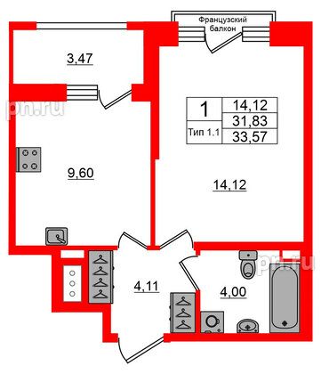 Квартира в ЖК «Сэтл Ривьера», 1 комнатная, 31.83 м², 6 этаж