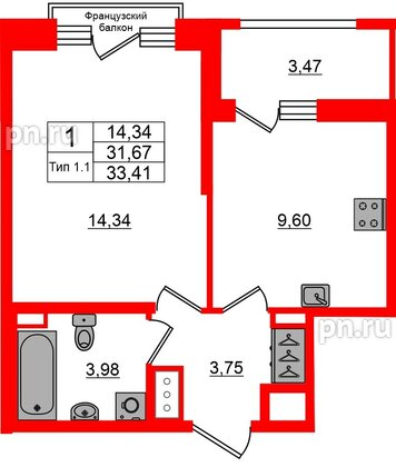 Квартира в ЖК «Сэтл Ривьера», 1 комнатная, 31.67 м², 9 этаж