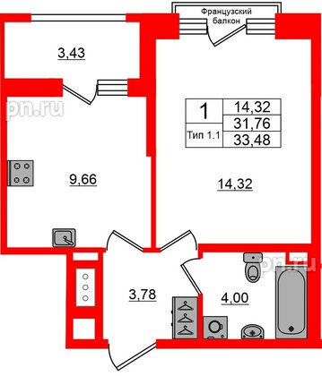 Квартира в ЖК «Сэтл Ривьера», 1 комнатная, 31.76 м², 7 этаж