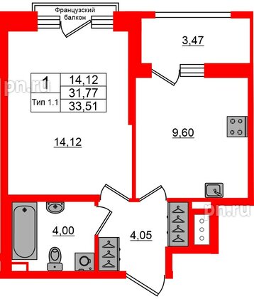 Квартира в ЖК «Сэтл Ривьера», 1 комнатная, 31.77 м², 8 этаж