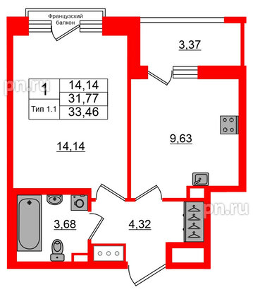 Квартира в ЖК Setl Ривьера, 1 комнатная, 31.77 м², 13 этаж