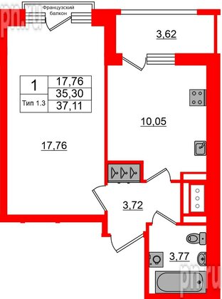Квартира в ЖК «Сэтл Ривьера», 1 комнатная, 35.3 м², 3 этаж