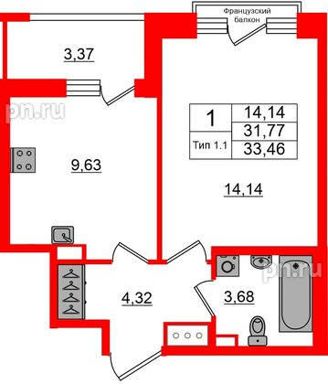 Квартира в ЖК «Сэтл Ривьера», 1 комнатная, 31.77 м², 9 этаж