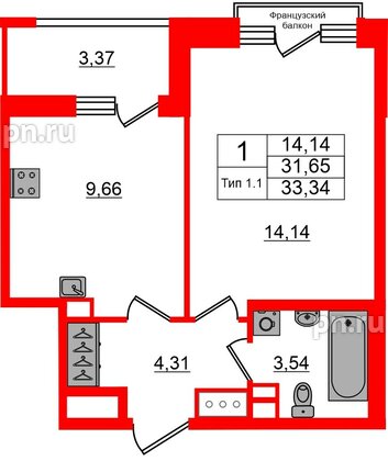 Квартира в ЖК «Сэтл Ривьера», 1 комнатная, 31.65 м², 11 этаж