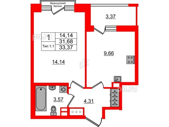 Квартира в ЖК «Сэтл Ривьера», 1 комнатная, 31.68 м², 10 этаж