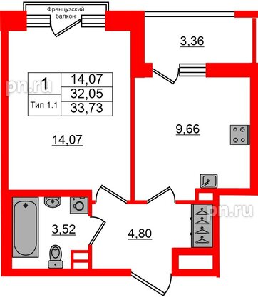 Квартира в ЖК «Сэтл Ривьера», 1 комнатная, 32.05 м², 2 этаж