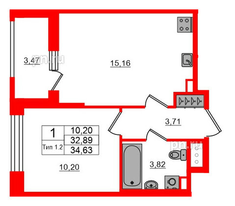Квартира в ЖК Setl Ривьера, 1 комнатная, 32.89 м², 12 этаж