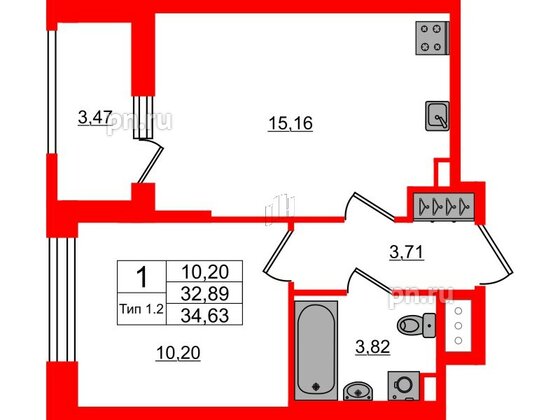 Квартира в ЖК Setl Ривьера, 1 комнатная, 32.89 м², 11 этаж