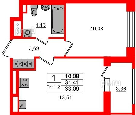 Квартира в ЖК «Сэтл Ривьера», 1 комнатная, 31.41 м², 14 этаж