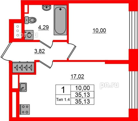 Квартира в ЖК «Сэтл Ривьера», 1 комнатная, 35.13 м², 4 этаж