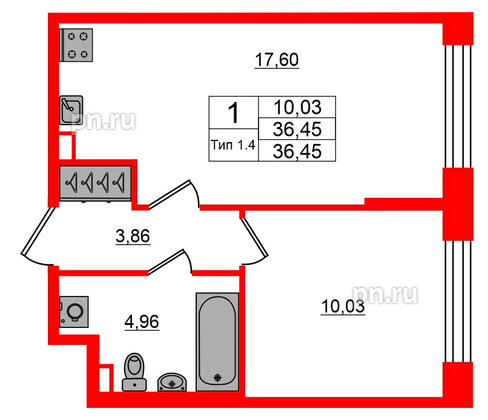 Квартира в ЖК Setl Ривьера, 1 комнатная, 36.45 м², 1 этаж