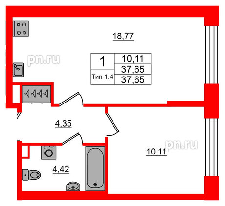 Квартира в ЖК Setl Ривьера, 1 комнатная, 37.65 м², 1 этаж