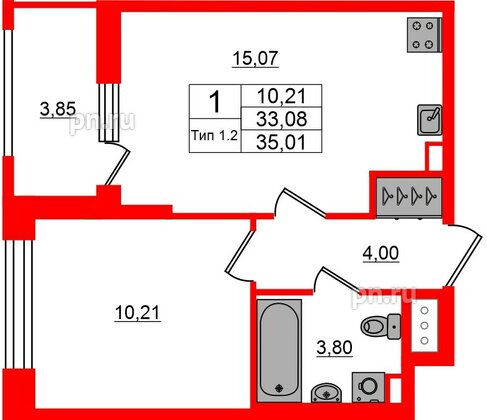Квартира в ЖК «Сэтл Ривьера», 1 комнатная, 33.08 м², 14 этаж