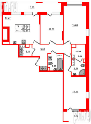 Квартира в ЖК Setl Ривьера, 3 комнатная, 83.15 м², 11 этаж