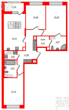 Квартира в ЖК «Сэтл Ривьера», 3 комнатная, 83.11 м², 5 этаж