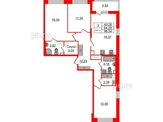 Квартира в ЖК «Сэтл Ривьера», 3 комнатная, 84.29 м², 5 этаж