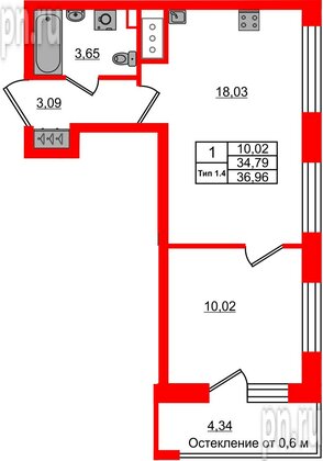Квартира в ЖК «Сэтл Ривьера», 1 комнатная, 34.79 м², 4 этаж
