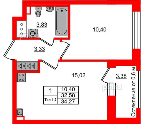 Квартира в ЖК «Сэтл Ривьера», 1 комнатная, 32.58 м², 4 этаж