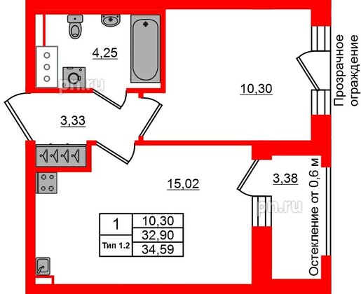 Квартира в ЖК «Сэтл Ривьера», 1 комнатная, 32.9 м², 12 этаж