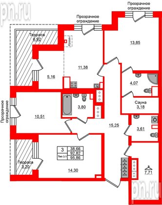 Квартира в ЖК «Сэтл Ривьера», 3 комнатная, 92.82 м², 12 этаж