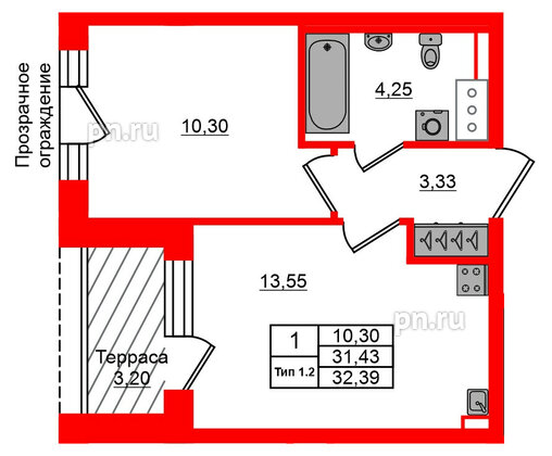 Квартира в ЖК Setl Ривьера, 1 комнатная, 31.43 м², 12 этаж