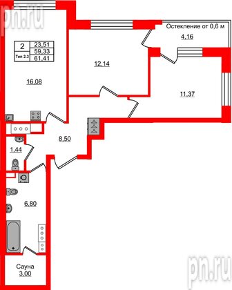 Квартира в ЖК «Сэтл Ривьера», 2 комнатная, 59.33 м², 7 этаж