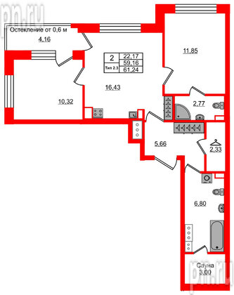 Квартира в ЖК Сэтл Ривьера, 2 комнатная, 59.16 м², 5 этаж