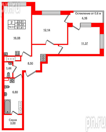 Квартира в ЖК Setl Ривьера, 2 комнатная, 59.33 м², 3 этаж