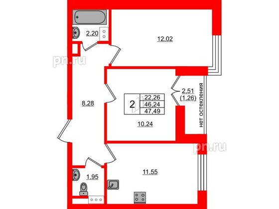 Квартира в ЖК Сертолово Парк, 2 комнатная, 47.49 м², 7 этаж