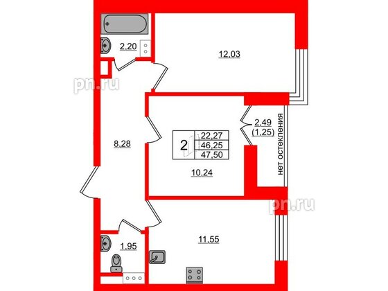 Квартира в ЖК Сертолово Парк, 2 комнатная, 47.5 м², 2 этаж