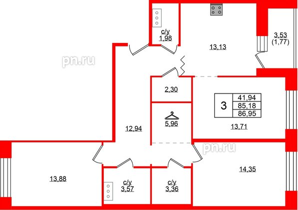 Квартира в ЖК «Квартал Уютный», 3 комнатная, 86.95 м², 3 этаж