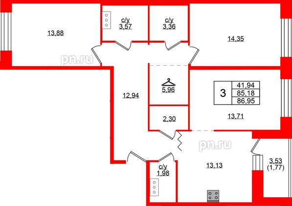 Квартира в ЖК «Квартал Уютный», 3 комнатная, 86.95 м², 6 этаж
