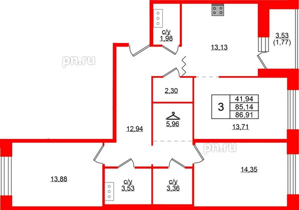 Квартира в ЖК «Квартал Уютный», 3 комнатная, 86.91 м², 6 этаж