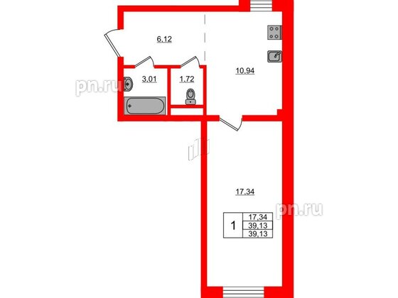 Квартира в ЖК Sertolovo Park, 1 комнатная, 39.13 м², 1 этаж