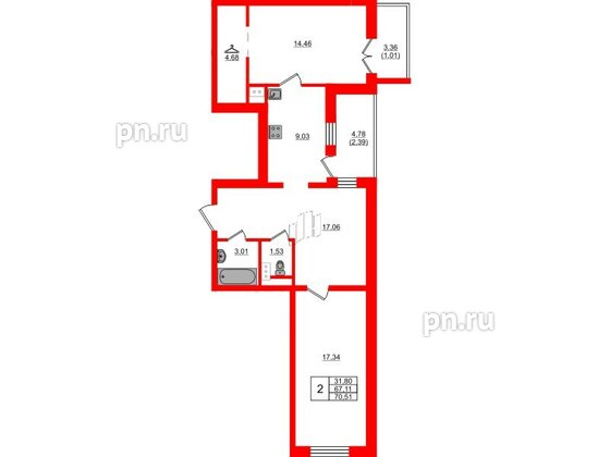 Квартира в ЖК Сертолово Парк, 2 комнатная, 70.51 м², 5 этаж