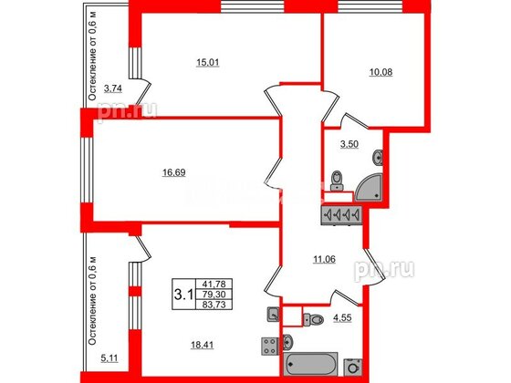 Квартира в ЖК «Город звёзд», 3 комнатная, 79.3 м², 2 этаж