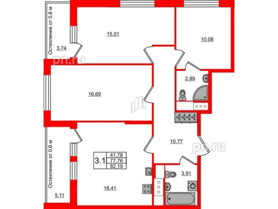 Квартира в ЖК «Город звёзд», 3 комнатная, 77.76 м², 5 этаж