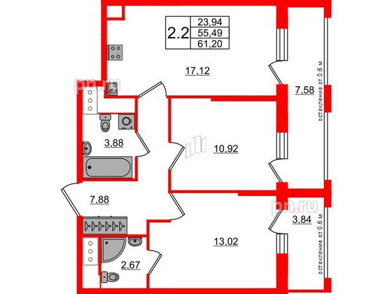 Квартира в ЖК «Город звёзд», 2 комнатная, 55.49 м², 6 этаж