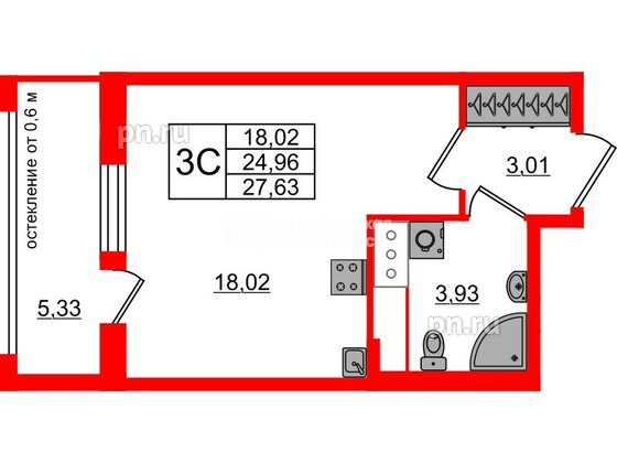 Квартира в ЖК «Город звёзд», студия, 24.96 м², 7 этаж