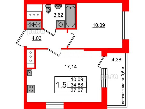Квартира в ЖК «Город звёзд», 1 комнатная, 34.88 м², 22 этаж
