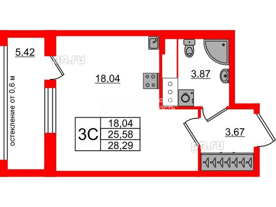 Квартира в ЖК «Город звёзд», студия, 25.58 м², 16 этаж