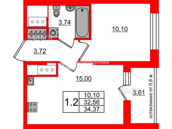 Квартира в ЖК «Город звёзд», 1 комнатная, 32.56 м², 16 этаж