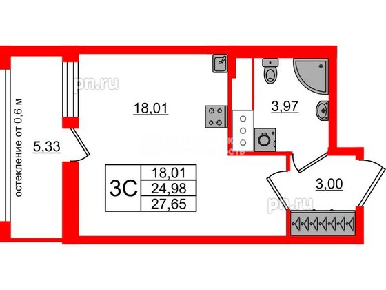Квартира в ЖК «Город звёзд», студия, 24.98 м², 3 этаж