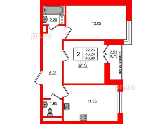 Квартира в ЖК Сертолово Парк, 2 комнатная, 46.99 м², 5 этаж