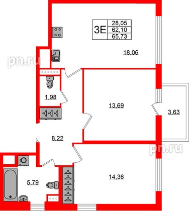 Квартира в ЖК ЯСНО.ЯНИНО, 2 комнатная, 62.1 м², 2 этаж