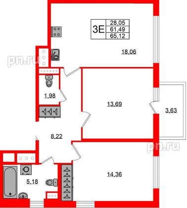 Квартира в ЖК ЯСНО.ЯНИНО, 2 комнатная, 61.49 м², 3 этаж