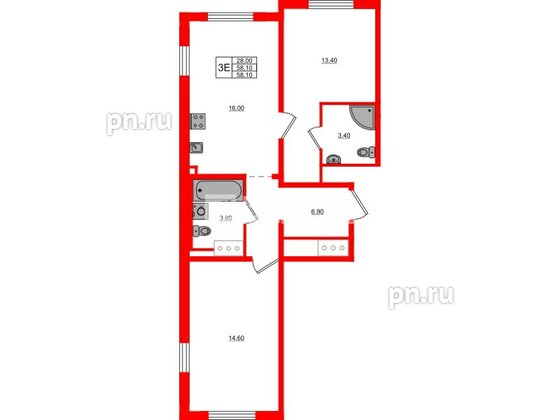 Квартира в ЖК «Дыбенко Парк», 2 комнатная, 58.1 м², 10 этаж
