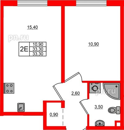Квартира в ЖК Дыбенко Парк, 1 комнатная, 33.3 м², 6 этаж