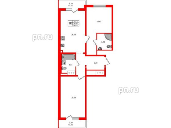 Квартира в ЖК «Дыбенко Парк», 2 комнатная, 60.3 м², 14 этаж